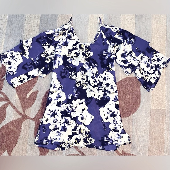 Parker Agave Indigo Floral Cold Shoulder Bell Sleeve Silk Mini Dress/Tunic Top - Picture 3 of 7